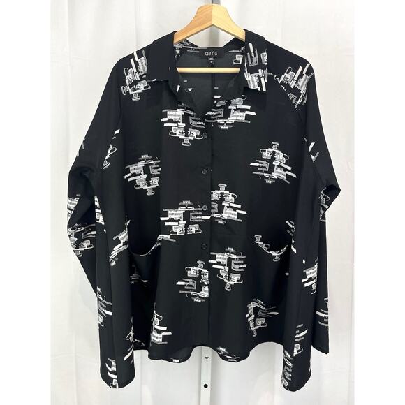 COMFY USA Printed Button Up A-Line Top Long Sleeve Pockets Black White Size L - Picture 1 of 8